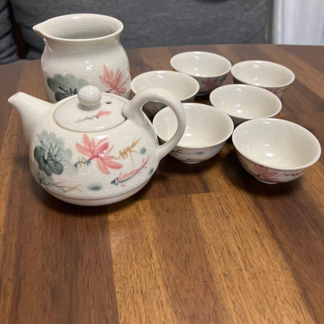 急須と茶碗6個セット 花柄