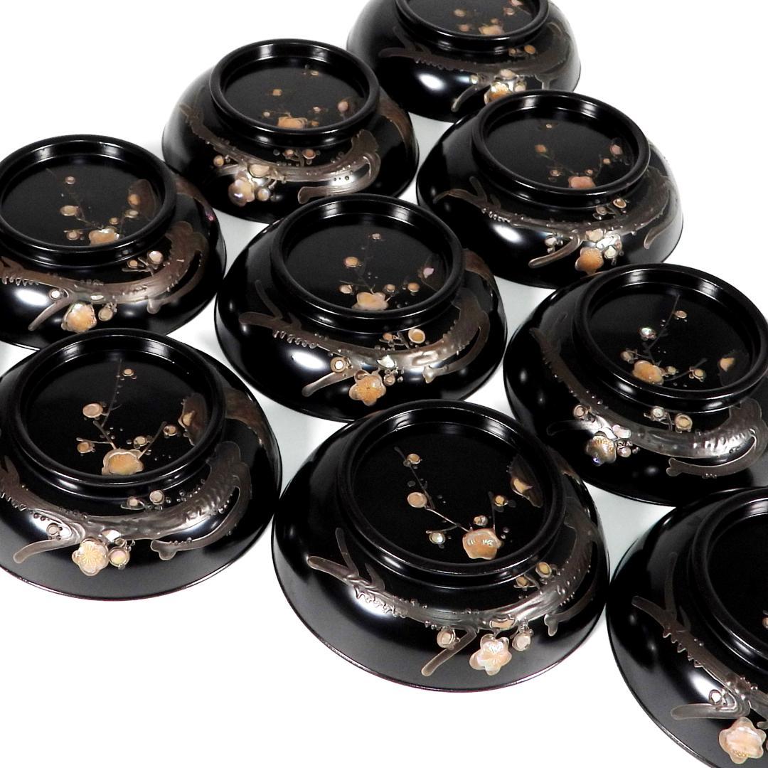 輪島塗　明治大正時期 蒔繪 鑲螺鈿 梅花雕 木製　吸物椀　10客　骨董品