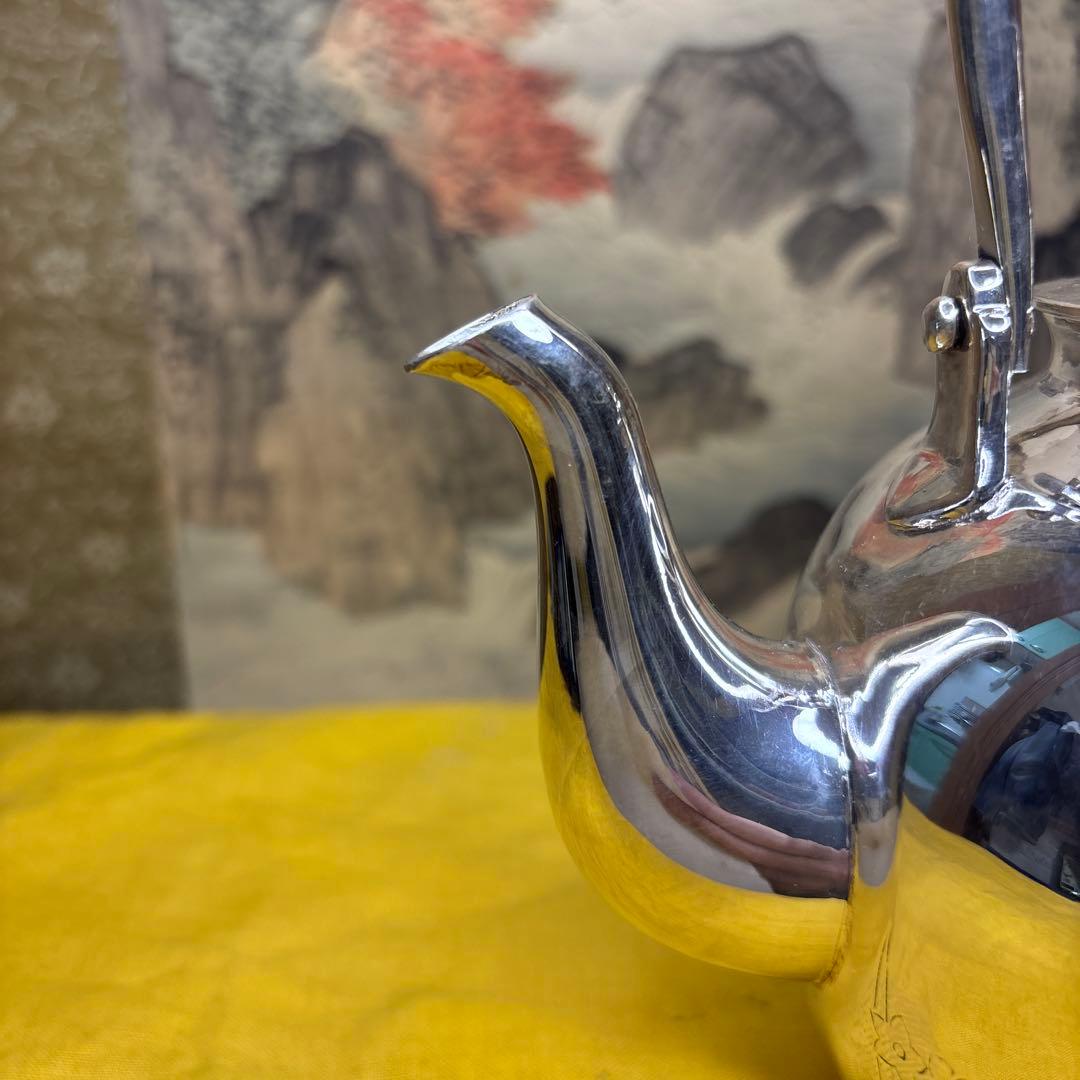 中川净益】純銀花草彫 湯沸 銀瓶 煎茶道具