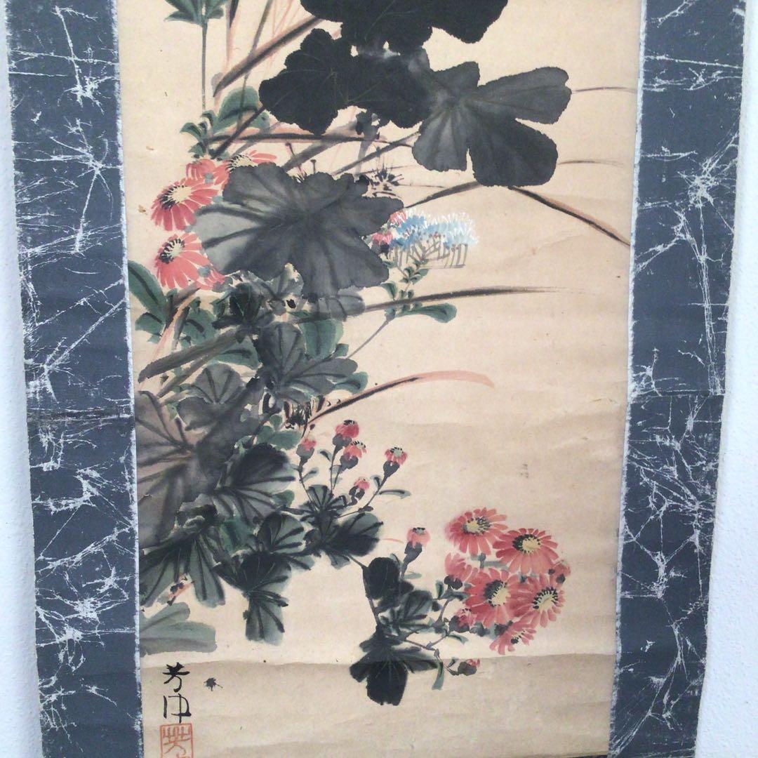 No2837掛軸中村芳中墨彩花鳥図紙本京都琳派古画日本画送料無料