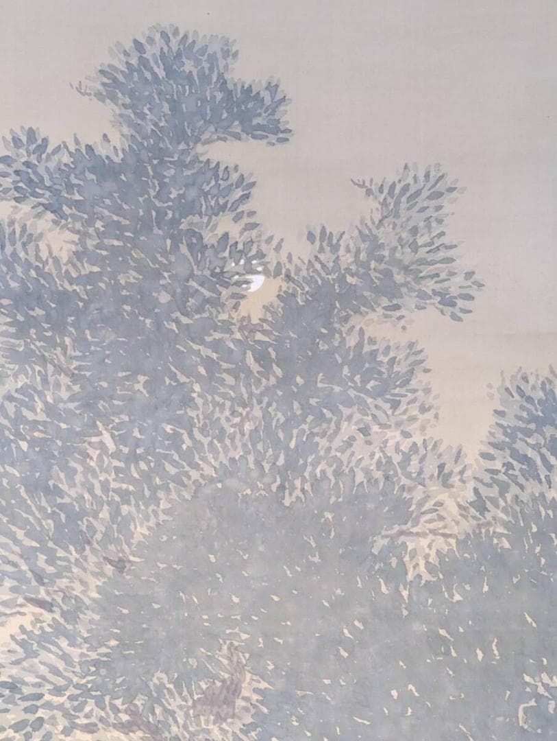 真作】掛軸 松林風景 近代日本画 木立図 静謐な青緑彩 筆致鮮やか T86