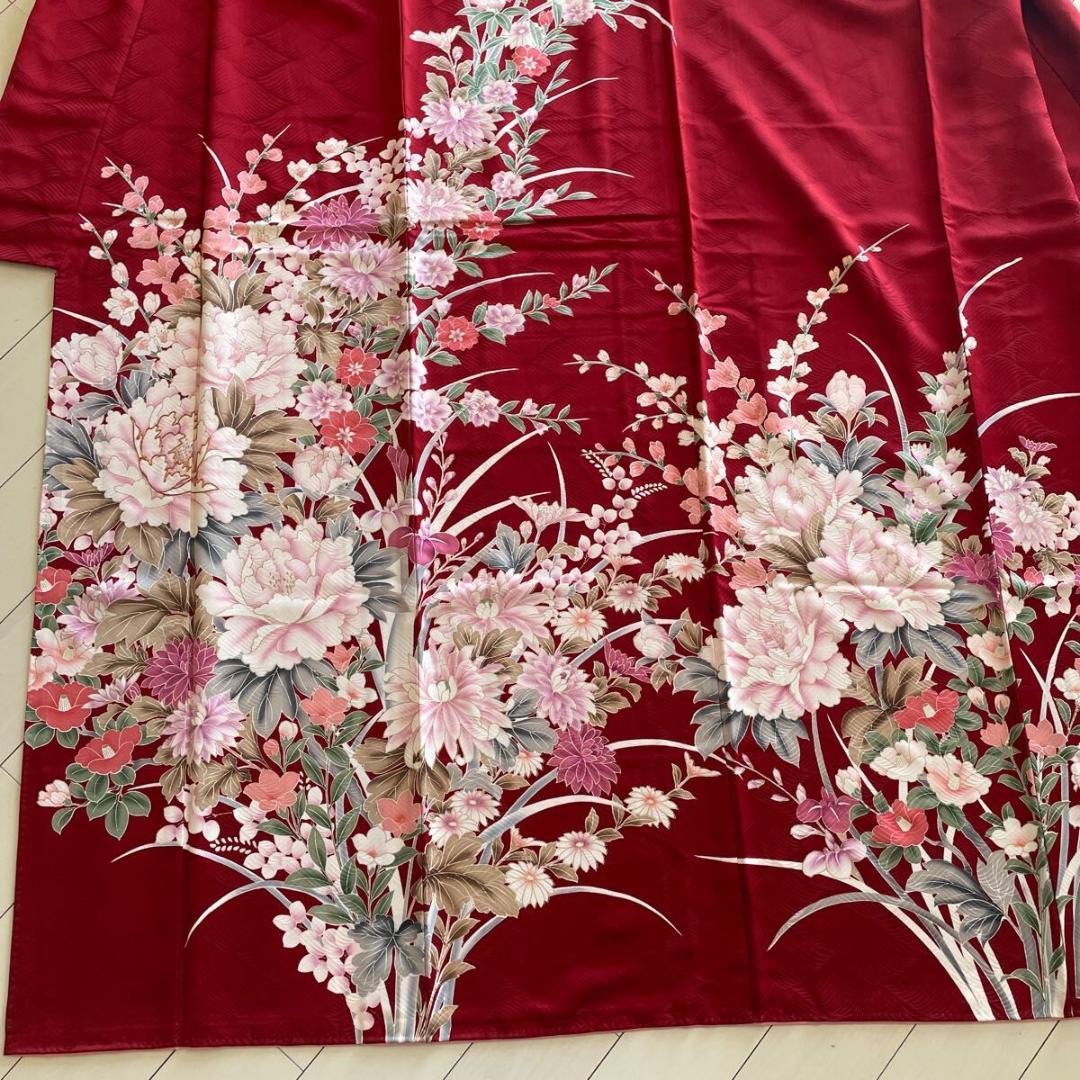 □E4124□美品□紅海老茶色 花尽くし 京友禅 袷 振袖 丈166 裄68