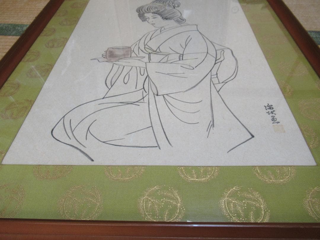 真作 美品 1950年代額装◆伊東深水 直筆「茶の湯」和紙 美人画素描 落款有り