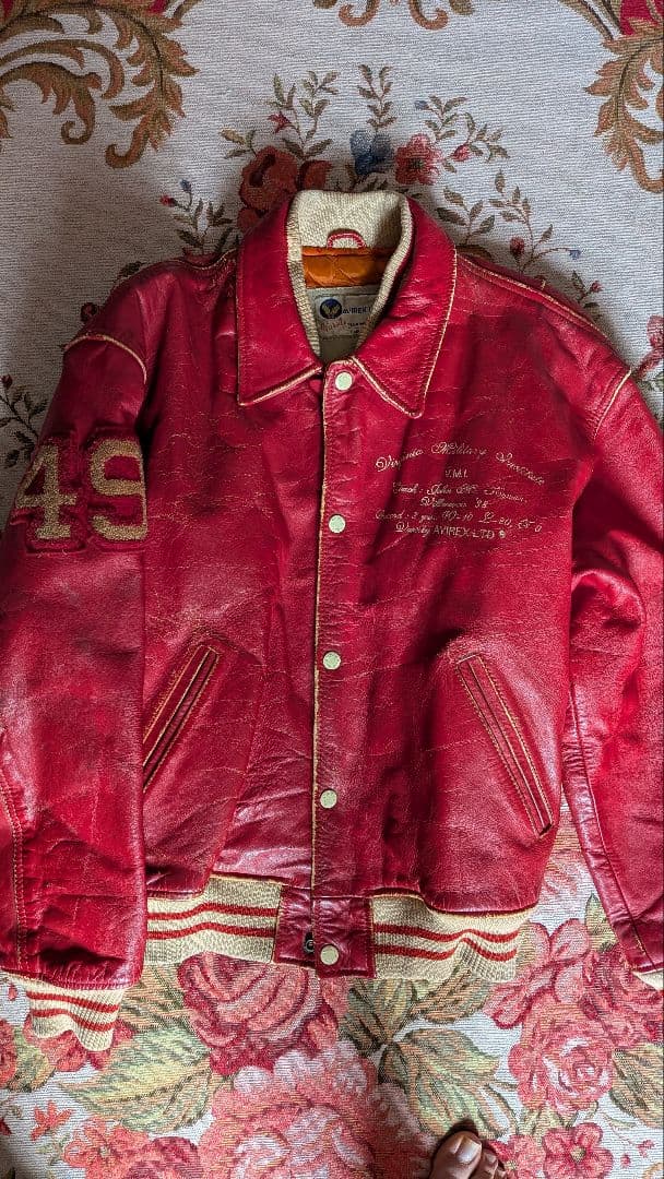 G*T様 AVIREX赤 レザージャケット 刺繍ロゴ付き