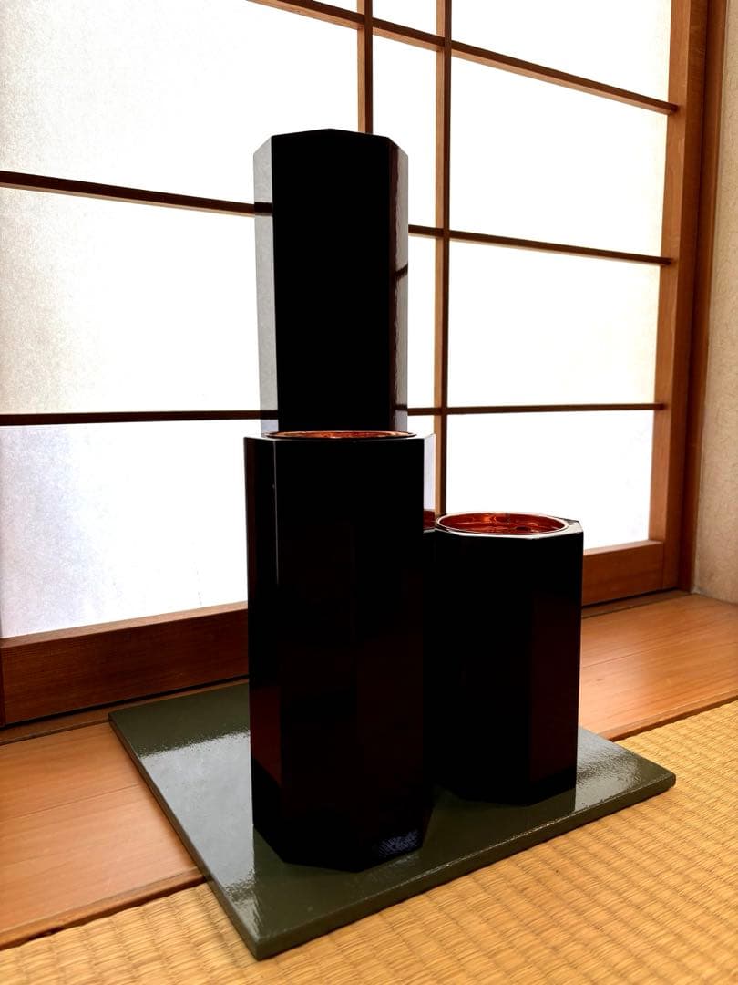 25 美品！！短三管筒 溜塗り 華道 生花 格花 花展