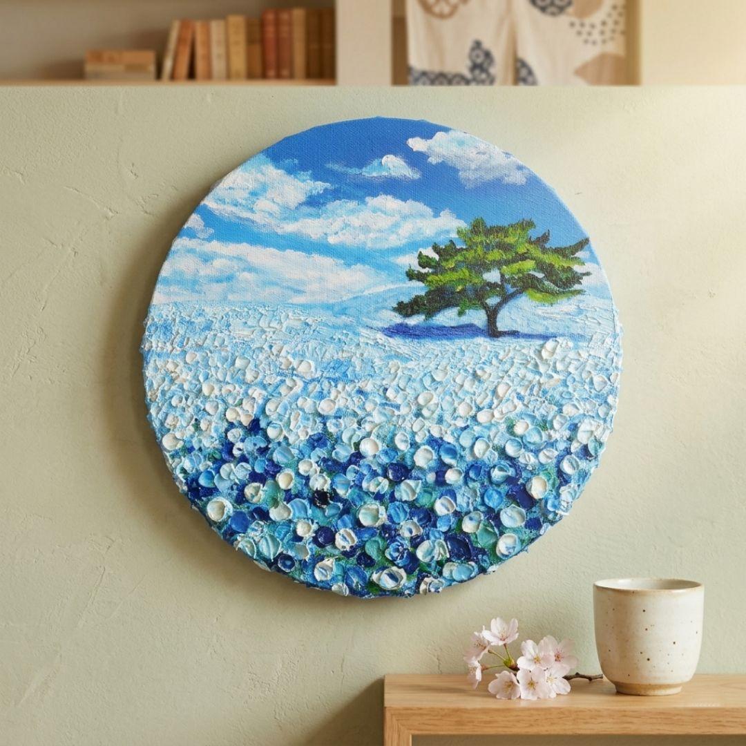 油絵 油彩 油彩画 絵 絵画 円形【ネモフィラの丘】