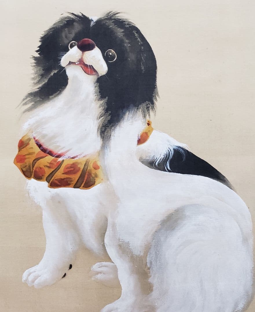 蝶と狆図】清春 2560 チン 犬 掛け軸 肉筆