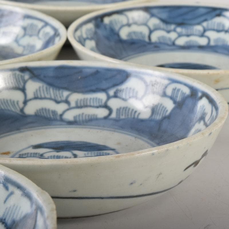 和食器　伊万里焼　古伊万里　染付　花草文　皿　八客　時代箱付　C　7626