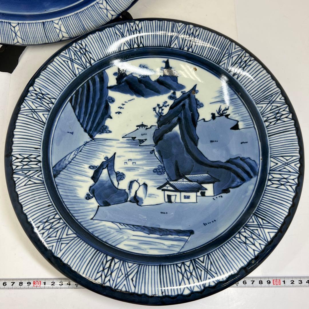 古伊万里 上手染付大皿2枚 木箱付 直径約37㎝ 東Y7-0626②タニチ