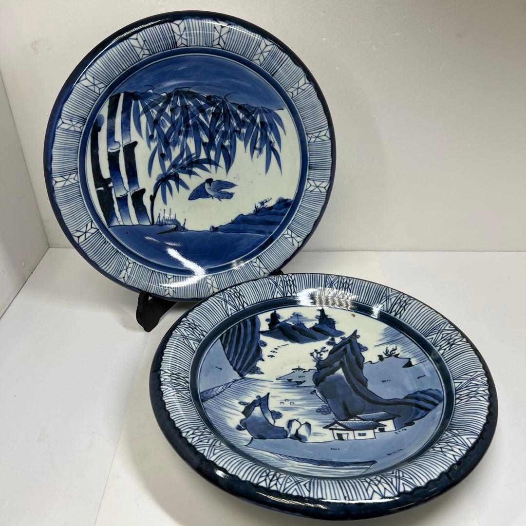 古伊万里 上手染付大皿2枚 木箱付 直径約37㎝ 東Y7-0626②タニチ