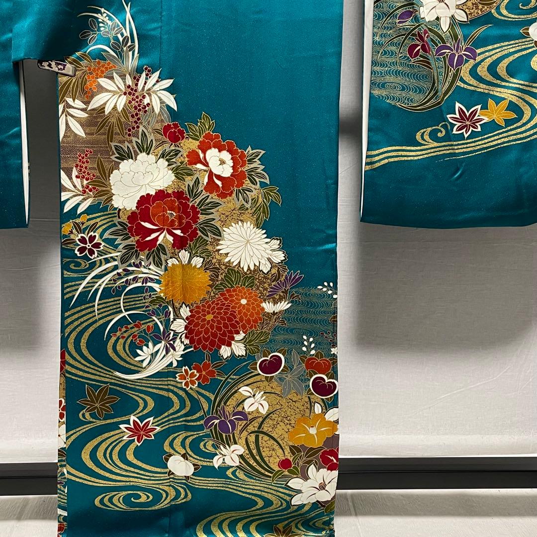 D770 振袖 花模様 流水 金彩 正絹 着物 袷 極美品