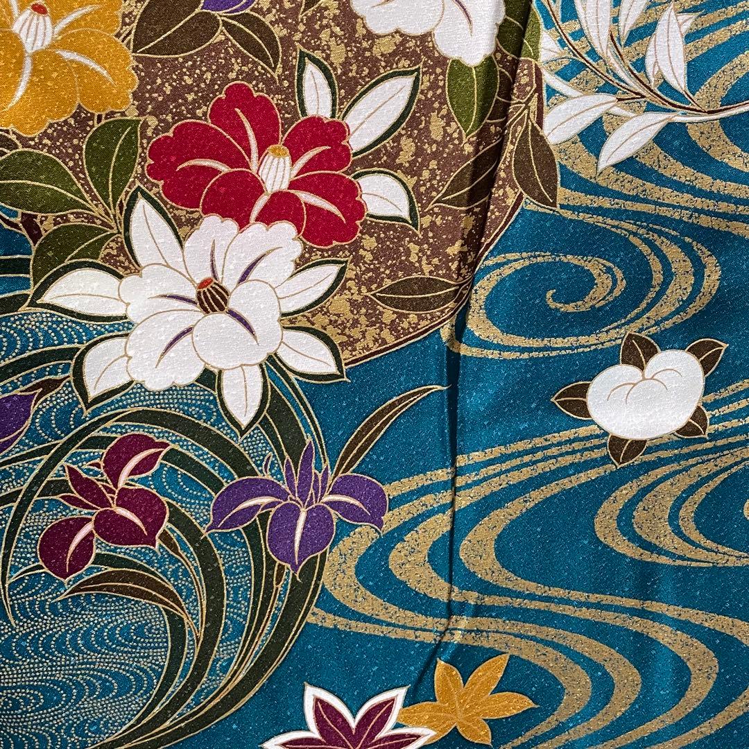 D770 振袖 花模様 流水 金彩 正絹 着物 袷 極美品