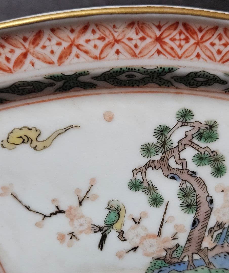 江戸時代末期～明治時代 江戸前期 古九谷写し 色絵 扇面形 松竹梅に鳥