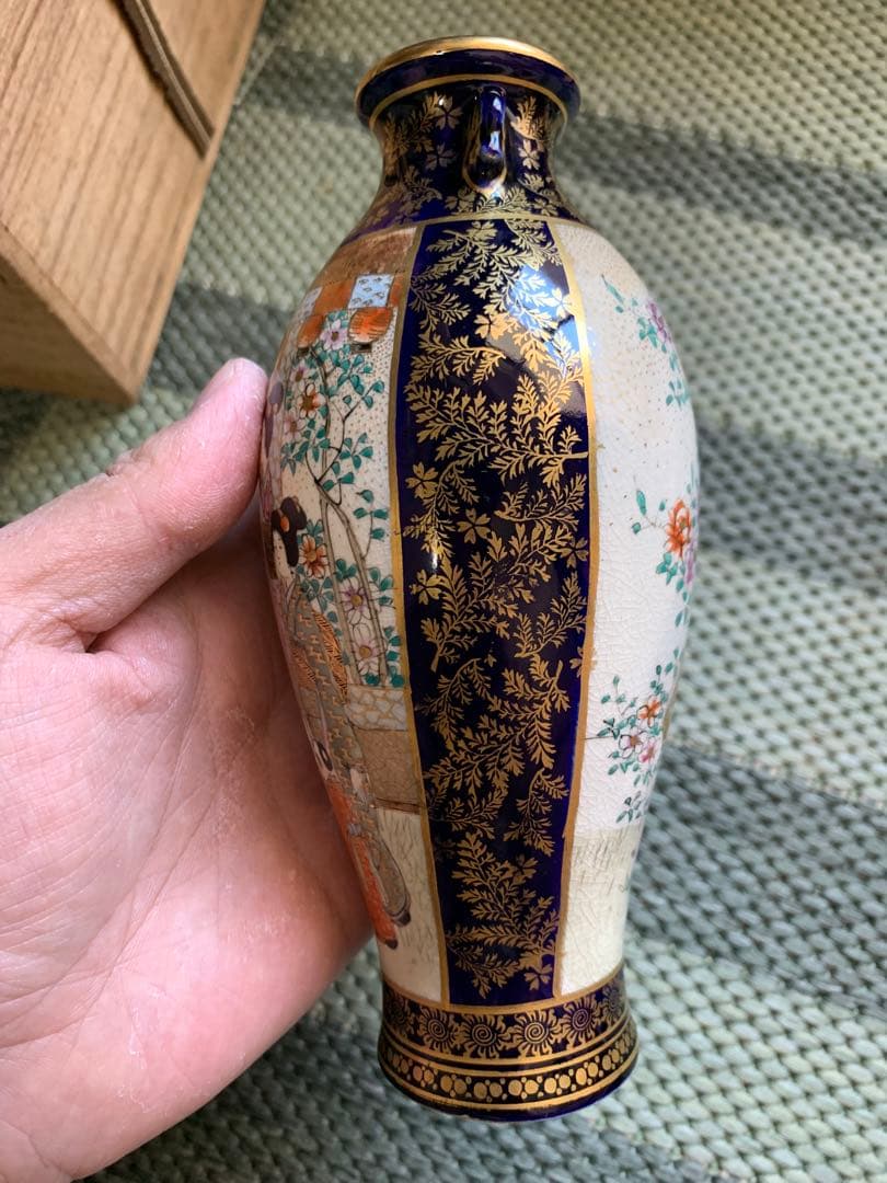 明治時代 薩摩焼「美人図小花瓶」楠部銘 箱付 花瓶 古玩 色絵 花器 古美術