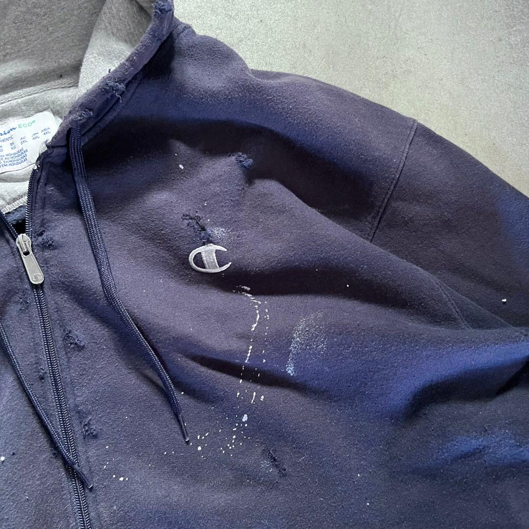 チャンピオン ボロスウェット ペンキ ジップパーカー XXL ネイビー