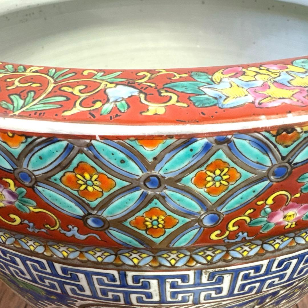 伊万里 十錦手 色絵彩色牡花唐草鳳凰紋 火鉢