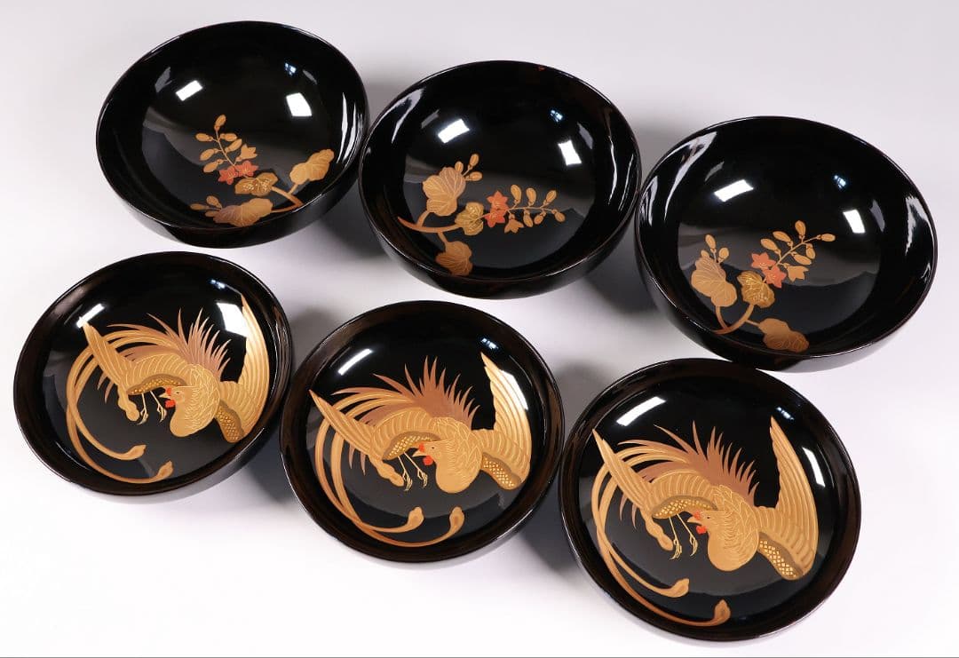 【CM401】天然木漆塗 菊桐鳳凰金蒔絵 黒塗 吸物椀 三客 昭和期 木製漆器