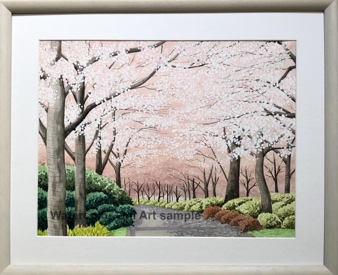 透明水彩画　原画　「桜の小径」額縁付　F6サイズ　風景画 桜の小径」透明水彩画 原画 風景画 額縁付 F6サイズ 絵画 Oni 通販