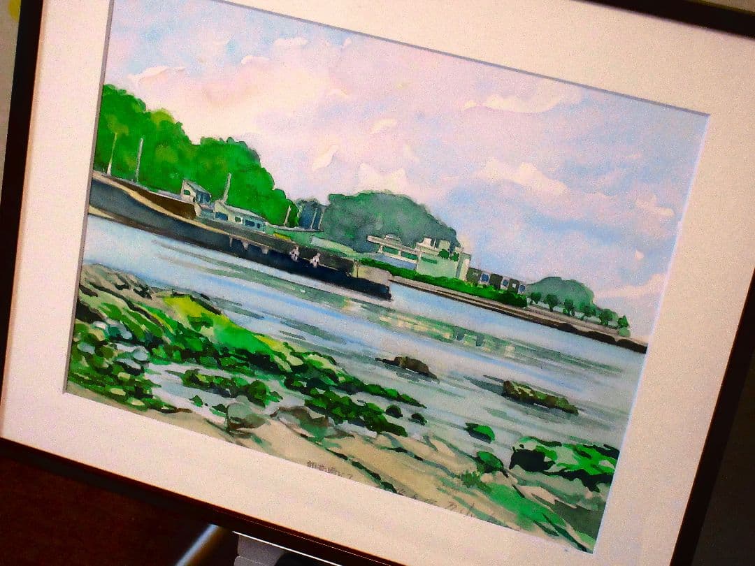海辺の風景 水彩画 額装済み