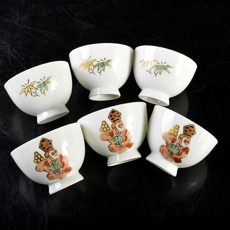 京焼　平安　三世　輝山造　色絵金彩　猿図煎茶碗　6客　共箱　M　R6080