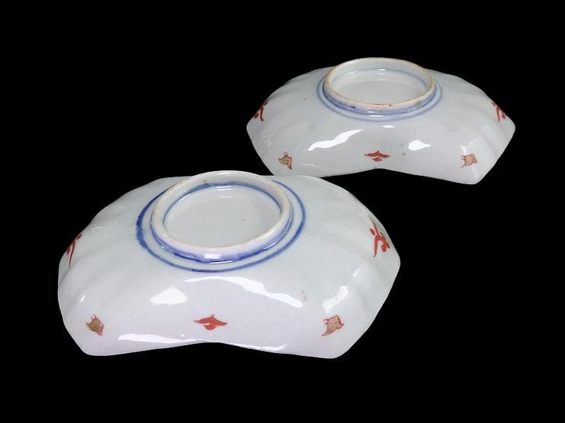 古伊万里 金襴手 波千鳥に幾何学紋の図 熨斗型変形皿