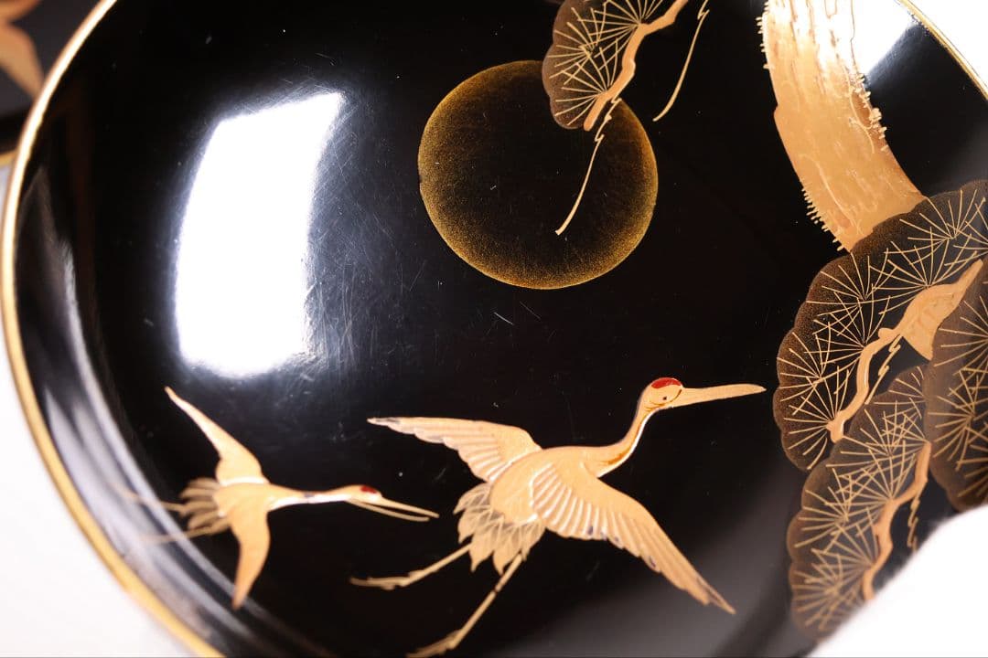 【CM379】大正期 月と松 飛翔鶴 金蒔絵 欅地溜塗 黒塗 椀四客 木製漆器