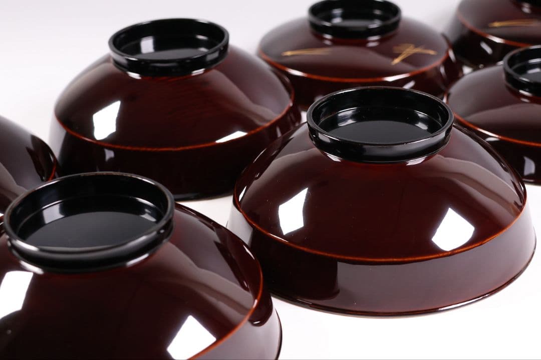 【CM379】大正期 月と松 飛翔鶴 金蒔絵 欅地溜塗 黒塗 椀四客 木製漆器