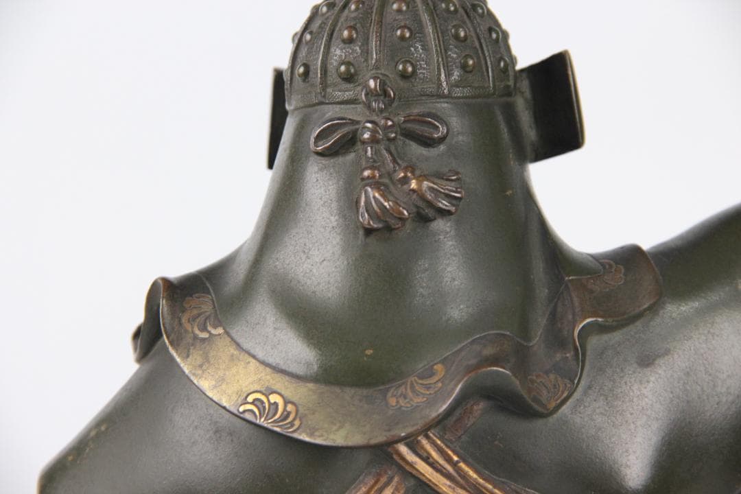 日本美術 銅製武人像 正秀作 細密彫刻 金象嵌 明治期金工 時代物 Eo1-