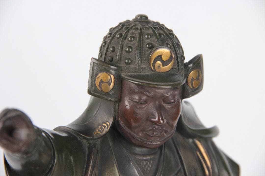 日本美術 銅製武人像 正秀作 細密彫刻 金象嵌 明治期金工 時代物 Eo1-