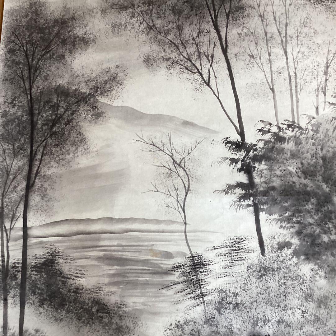 橋本雅邦　紙本水墨画《風景人物画》肉筆　落款印譜あり　双幅捲り　模写　NO107