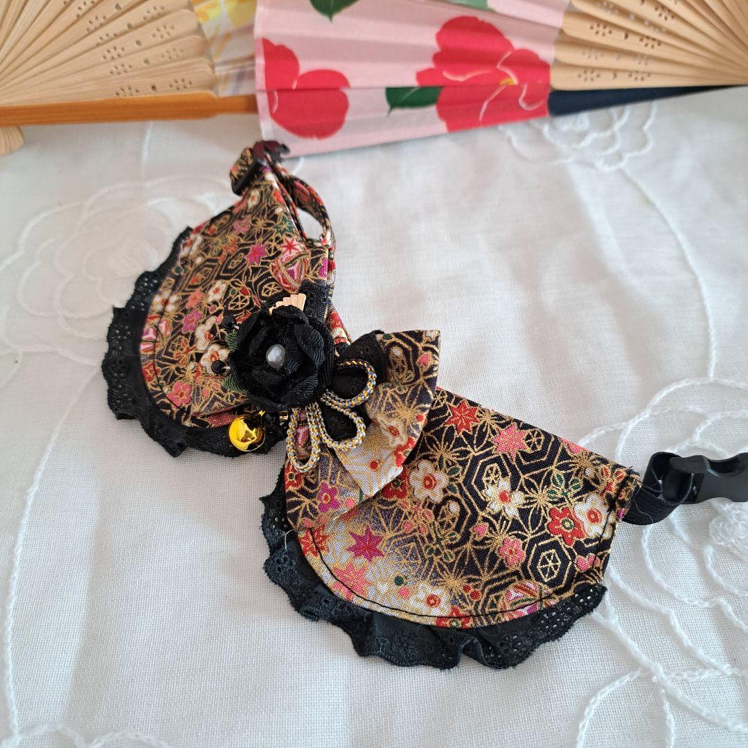 お正月仕様和風つまみ細工(黒④)わんちゃん猫ちゃん用襟つき首輪 お正月