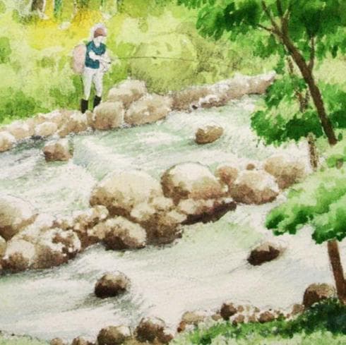 絵画「渓流の釣り」 水彩画