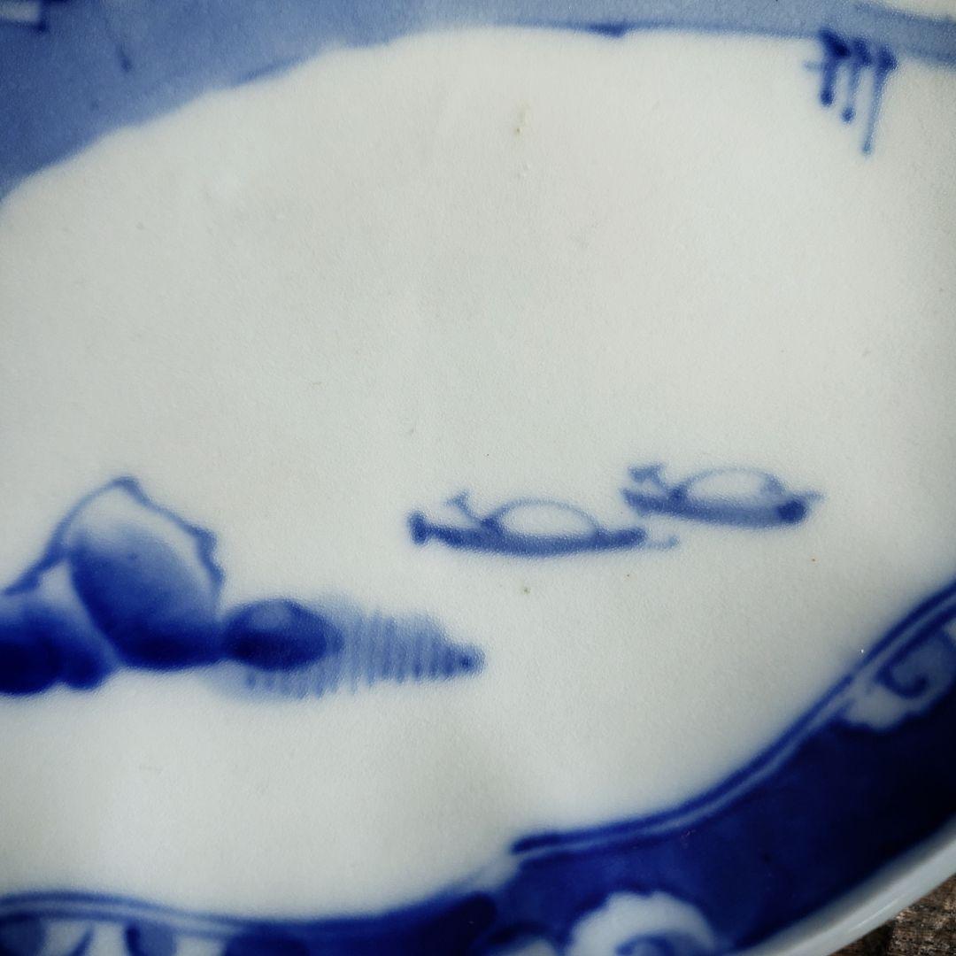 大皿　八寸皿　染付　輪花　山水図　古伊万里　江戸　鎹継ぎ　ハ号