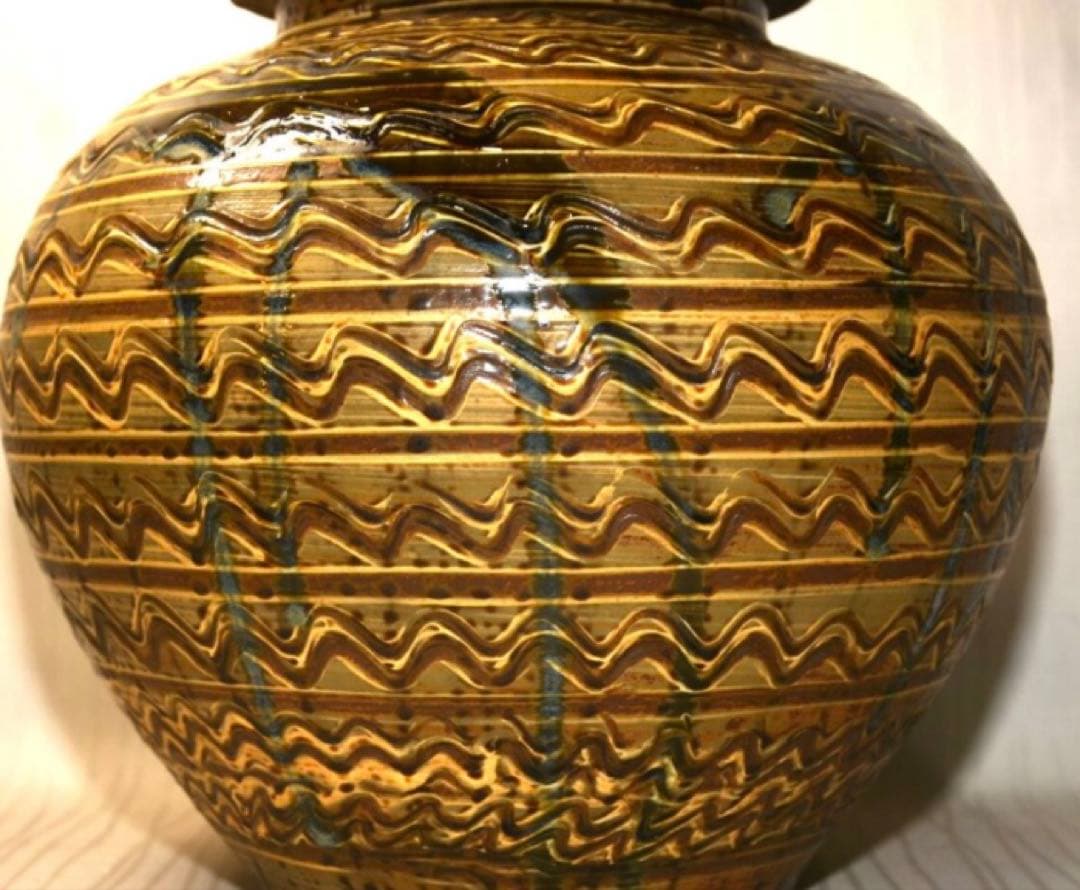 小鹿田焼 横縞櫛目緑釉打掛蓋付壺 29cm 未使用美