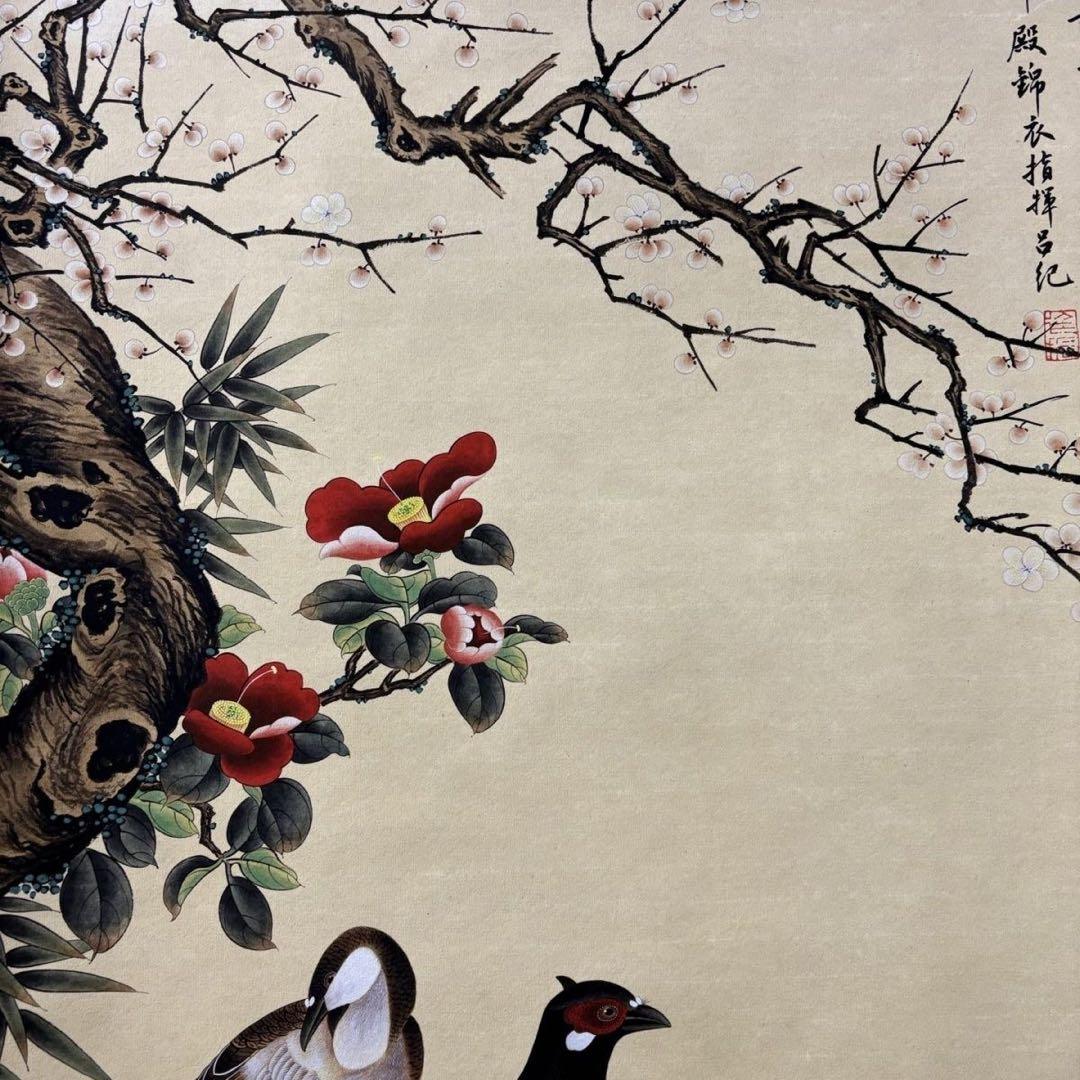 吕纪 山茶錦鶏図 中堂掛け軸 中国花鳥画 宣紙 書画工芸 - メルカリ