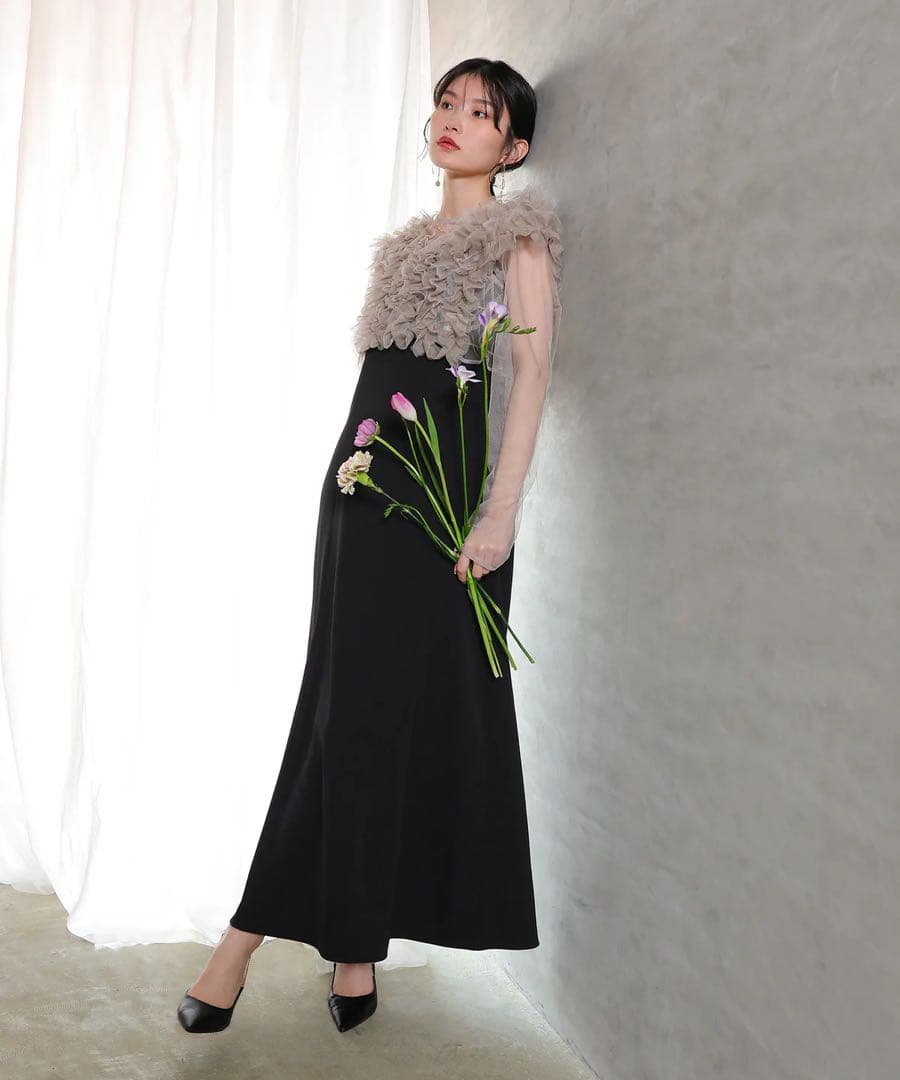 チュール ボリューム フリル ベスト シアー トップス ワンピース 3点セット