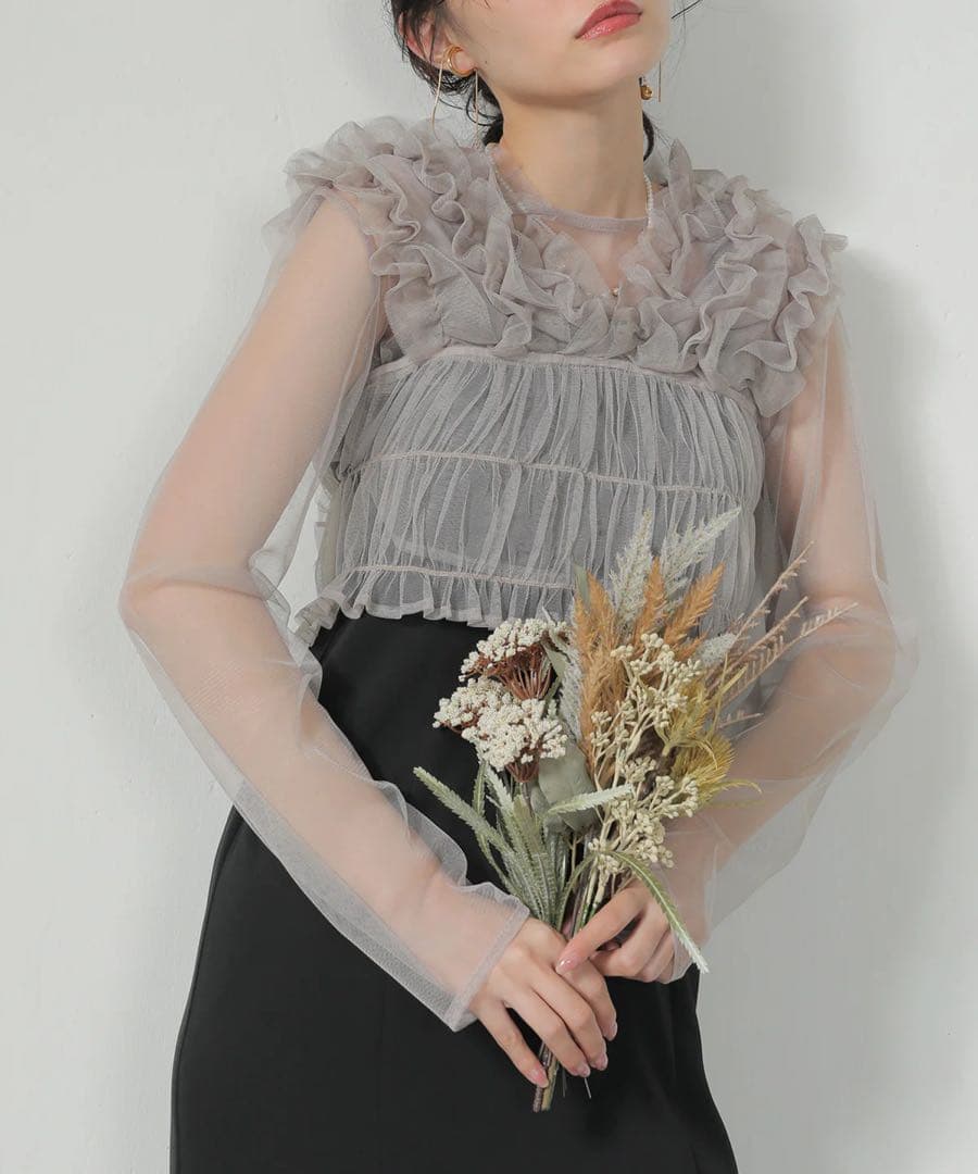 チュール ボリューム フリル ベスト シアー トップス ワンピース 3点セット