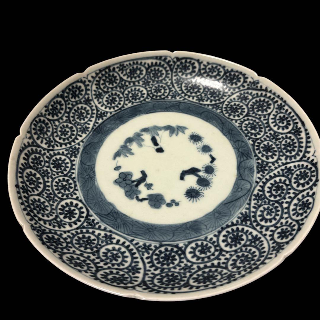 伊万里 有田 染付 印判手 輪花皿 蛸唐草 花丸繋ぎ 見返し蓮