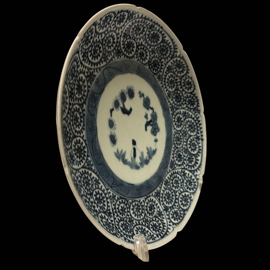 伊万里 有田 染付 印判手 輪花皿 蛸唐草 花丸繋ぎ 見返し蓮