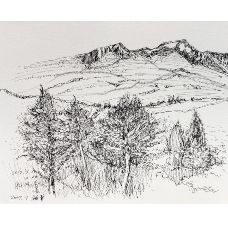 ☆青野昌勝☆「中山峠の春」ペン画　四ツ　未使用！