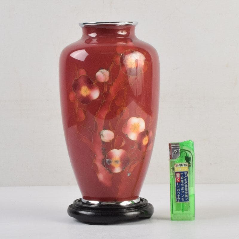 七宝焼 岡田泉作 赤透釉 梅文瓶 花瓶 唐木台付 共箱