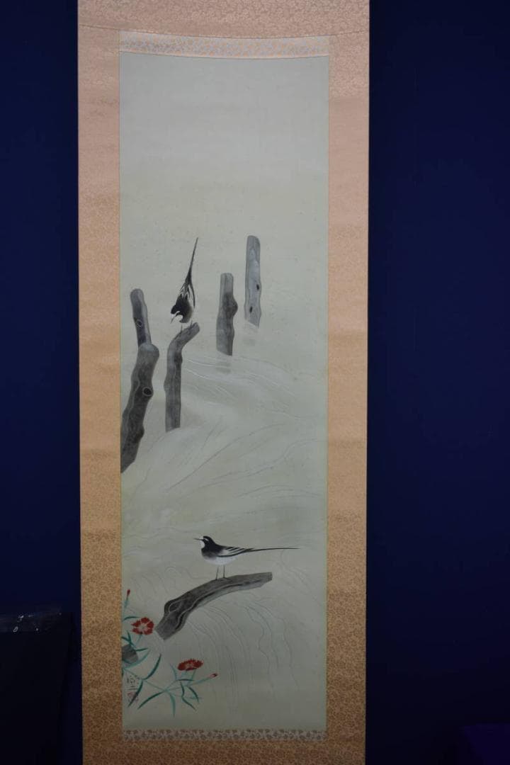 真作/鈴木欣二/涼流小禽図/桐共二重箱付/布袋屋