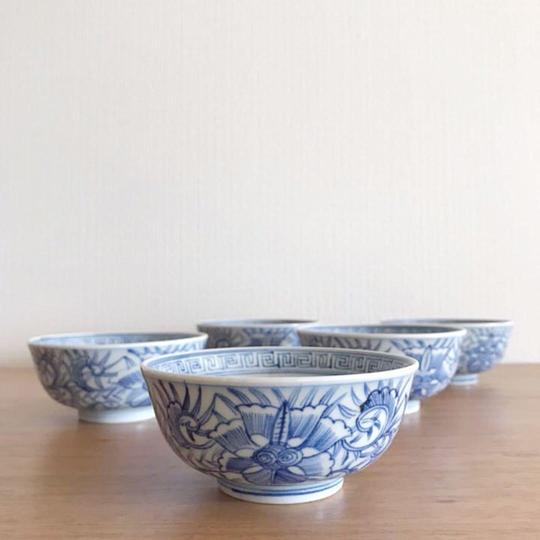 江戸後期 古伊万里 線描蘭図 小鉢 節約 向付 煎茶碗 5客 江戸