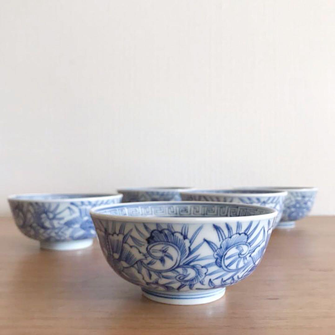 江戸後期 古伊万里 線描蘭図 小鉢 節約 向付 煎茶碗 5客 江戸時代 後期