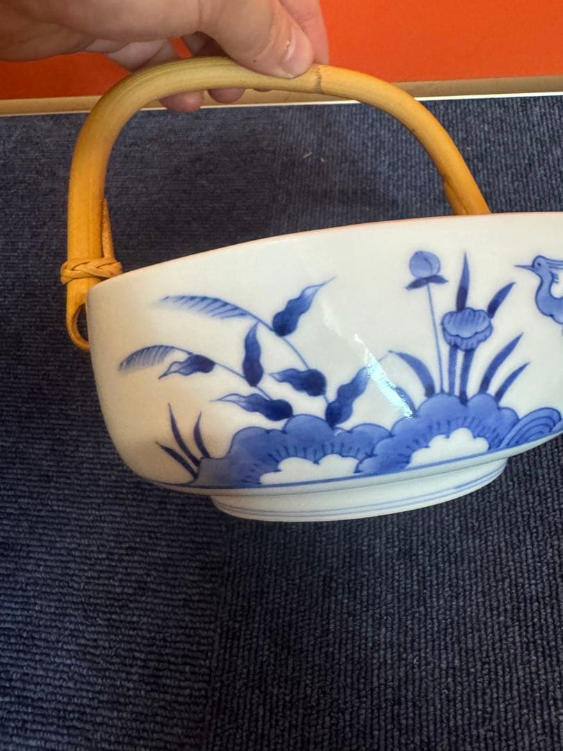1891 宮内庁御用達『十四代 辻常陸』 辻製 染付花鳥 手付き鉢 辻 常陸