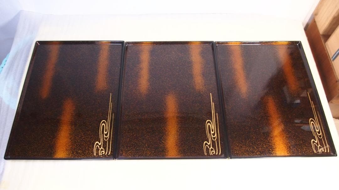 【未使用あり】輪島塗 長手脇引膳 5客 梨地霞/波蒔絵 卓上膳/懐石膳/会席膳