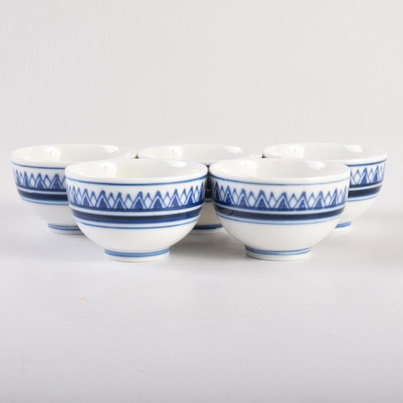 煎茶道具 賣茶好 染付 雁木文 茶碗 五客 共箱 V 7899 美術品