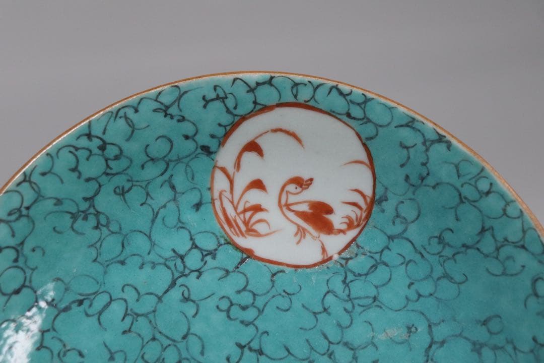 中国 清時代 大清嘉慶年製 松石緑釉皿 十錦手 送料