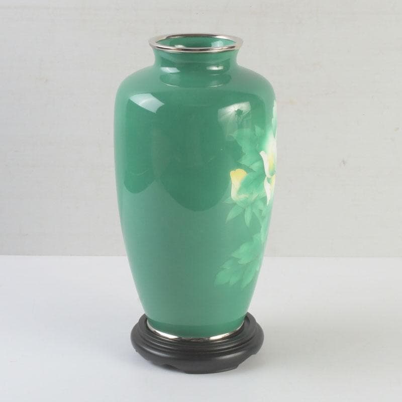 七宝焼 安井幸晴作 牡丹文 花瓶 唐木台付 共箱 V 9556