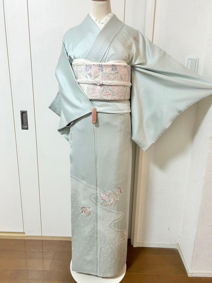 美品 水色 汕頭刺繍 正絹訪問着 フルセット4点 卒業式 入学式 七五三